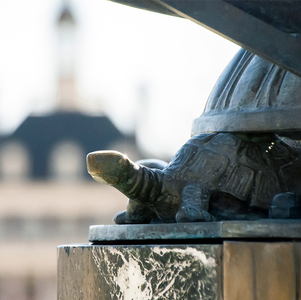 Close-up of a sculpture on campus that features turtles on the base.