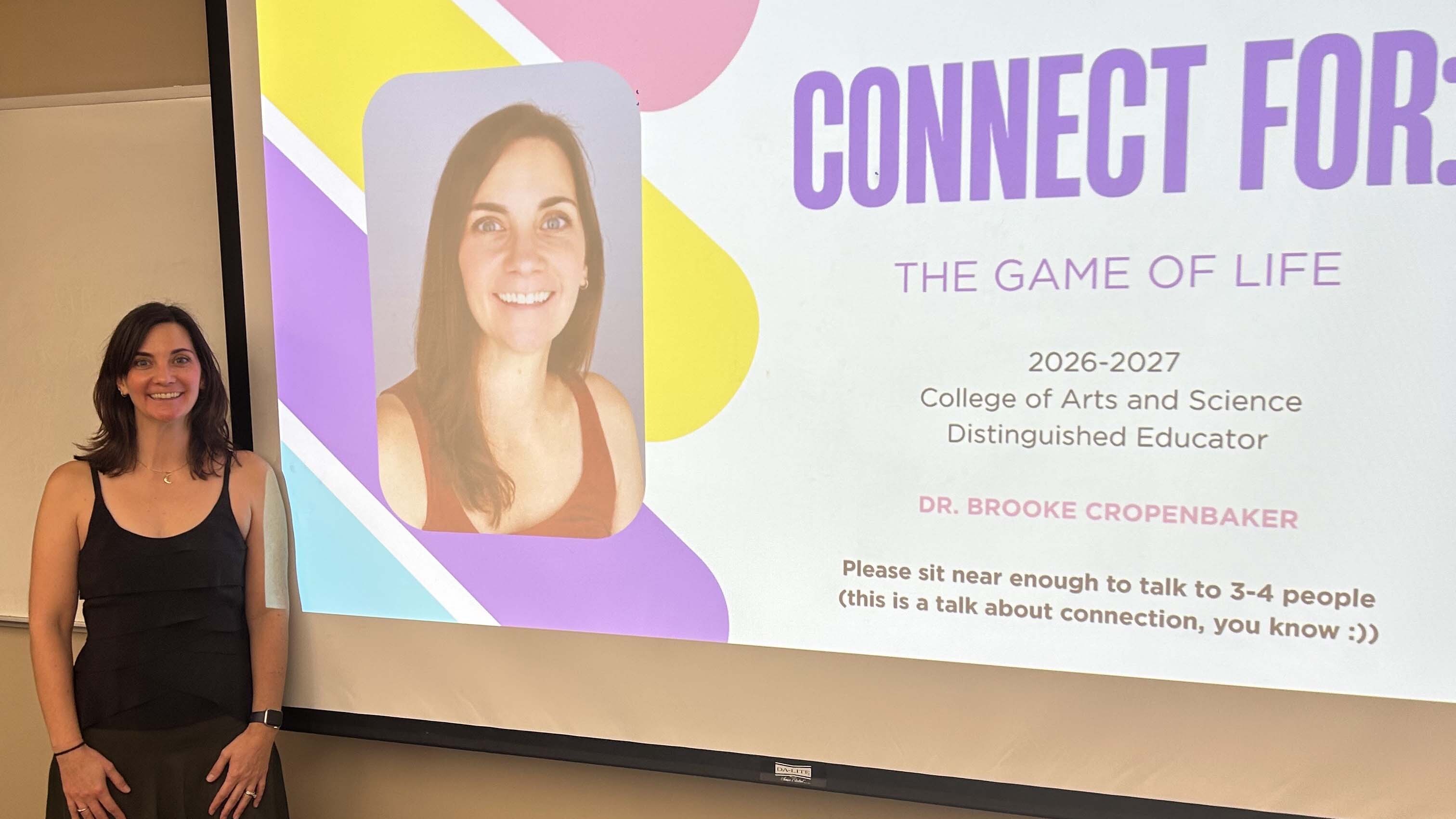 Professor Brooke Cropenhager presenting her psychology lecture Connect for the Game of Life
