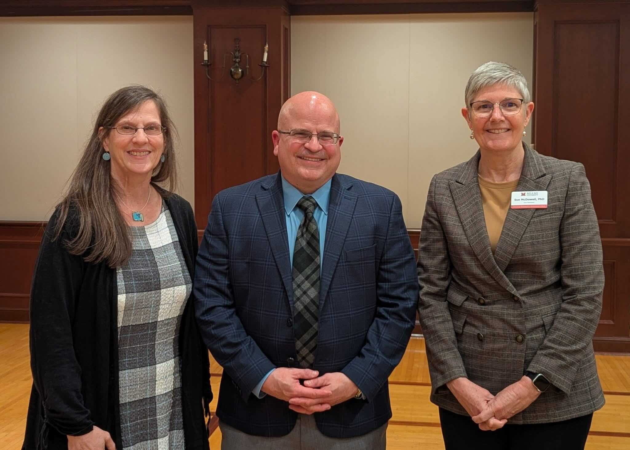 (Left to right) Scripps Gerontology Center Executive Director Katherine Abbott, Joseph E. Gaugler, and Vice President for Research and Innovation Sue McDowell at Gaugler