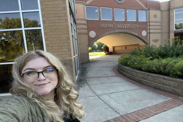 Communication Studies student Ava Howard outside Miami University Hamilton.