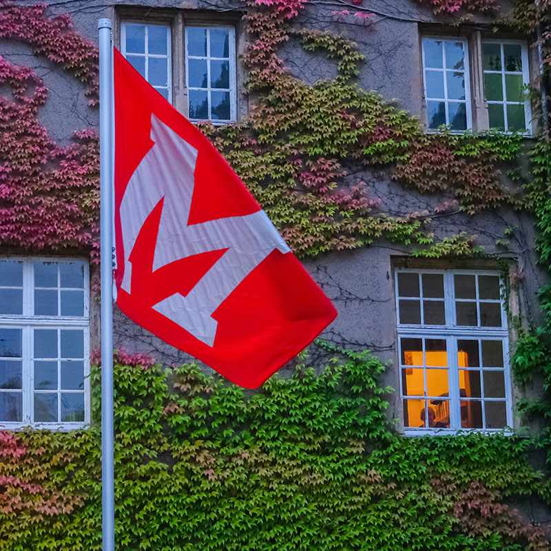 The Miami flag flying in the ivy-covered courtyard at the Luxembourg campus.