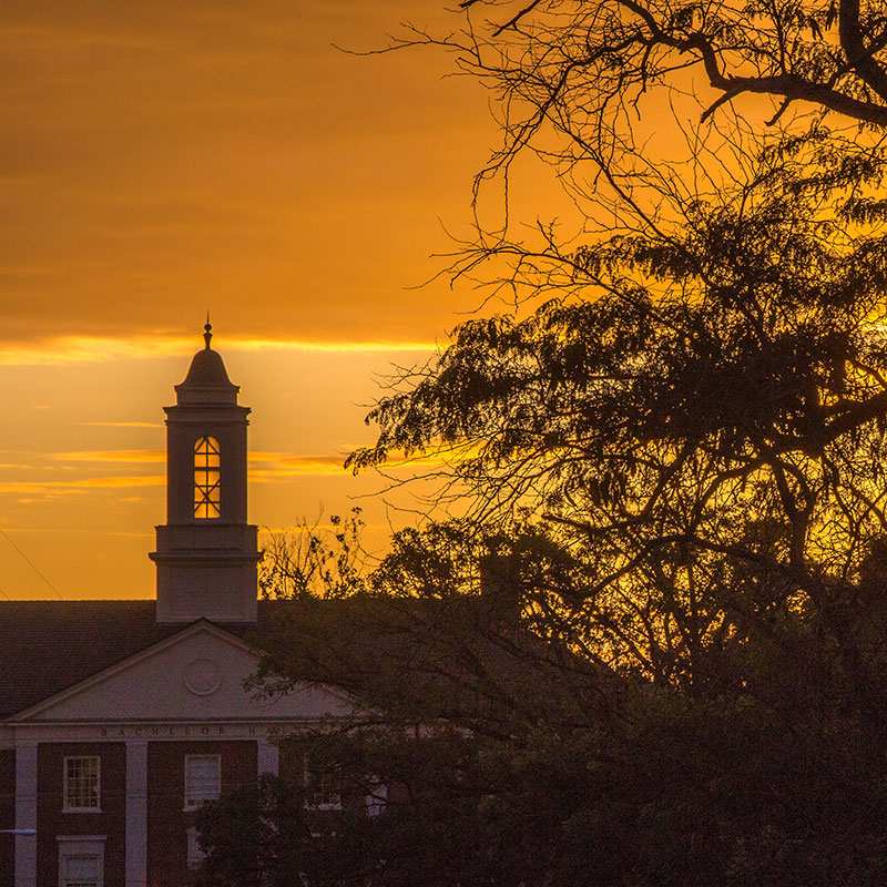 A golden sunrise over Miami University's Oxford campus.