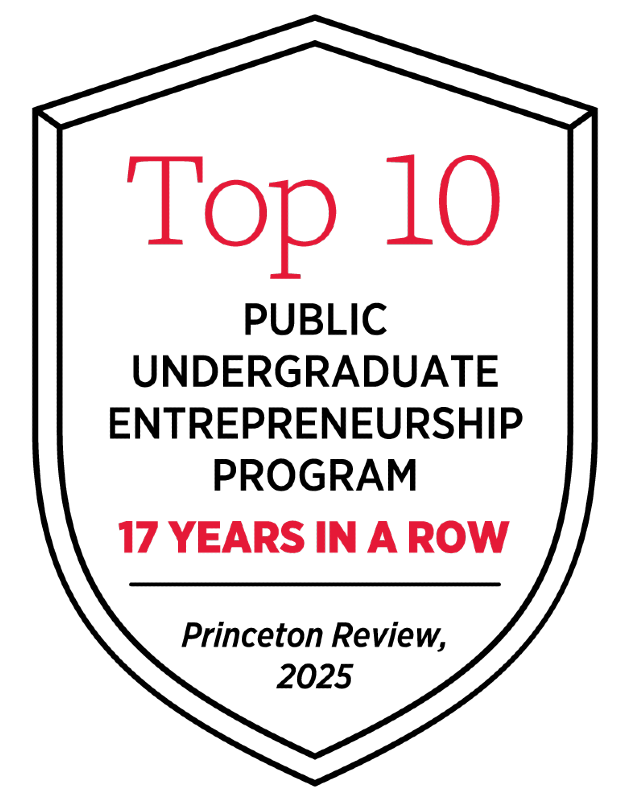 top 10 public undergraduate entrepreneurship program 16 years in a row, princeton review, 2024 badge