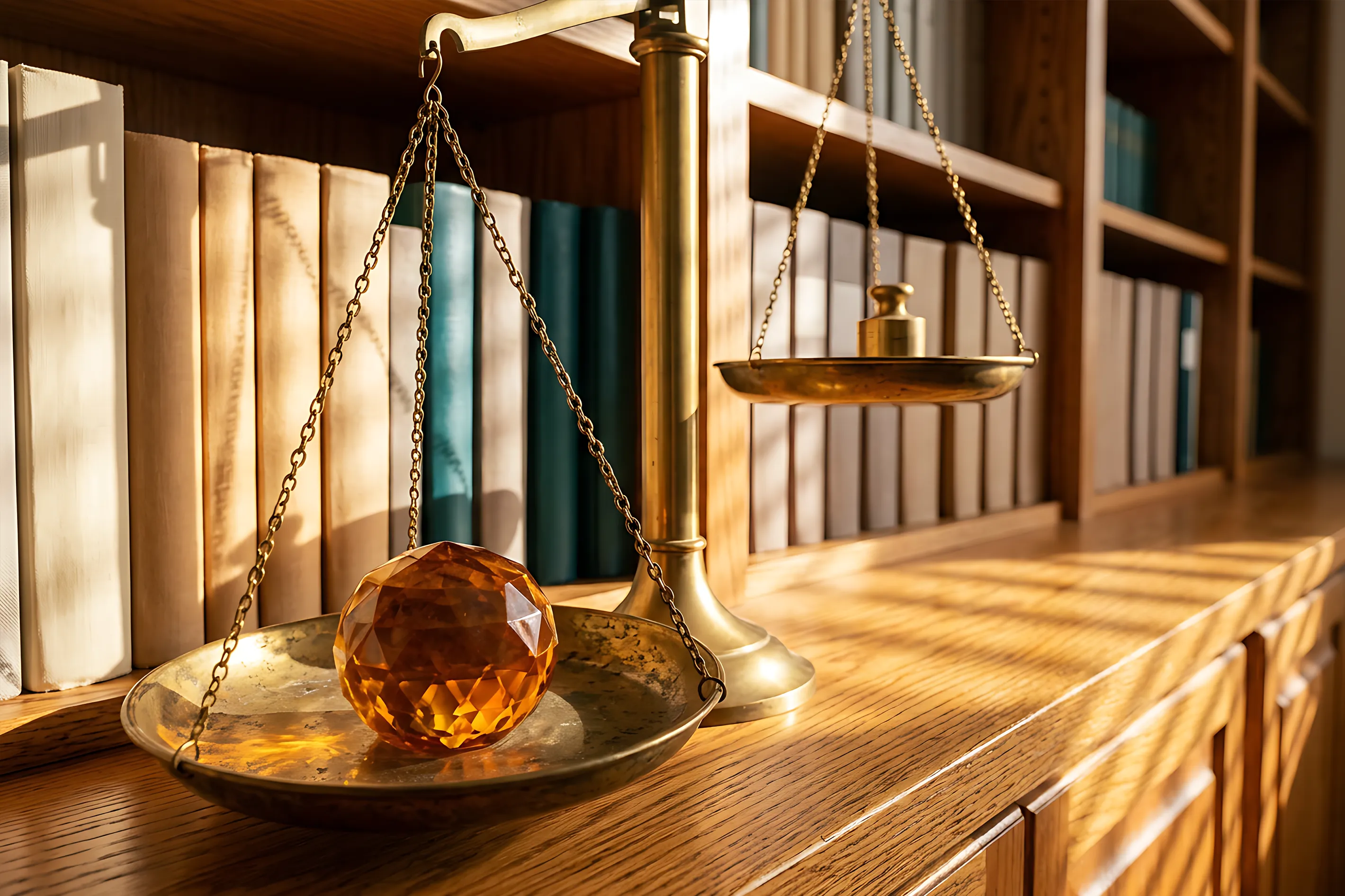 Brass balance scale with an amber crystal on one pan and a small weight on the other, set against a wood bookshelf