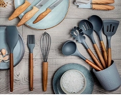 Basics Juego de utensilios de cocina antiadherentes de cerámica de  12 piezas, gris, ollas, sartenes y utensilios