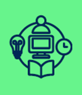 Line icon of a person with a computer, lightbulb, clock, and open book representing a clinical learning environment.