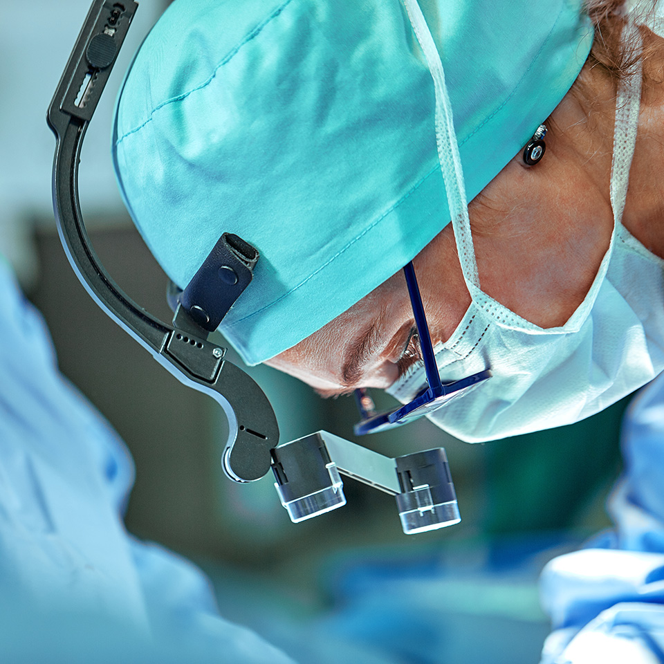 Close up of hands with surgical gloves on