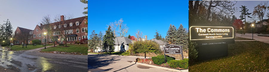 Three views of The Commons Corewell Health Senior Living in Farmington Hills: the Independent Living Plus building with brick exterior and multiple windows, an entrance sign at Tuck Road surrounded by landscaping and trees under a clear blue sky, and an illuminated entrance sign at Folsom Road during dusk with streetlights and autumn foliage.