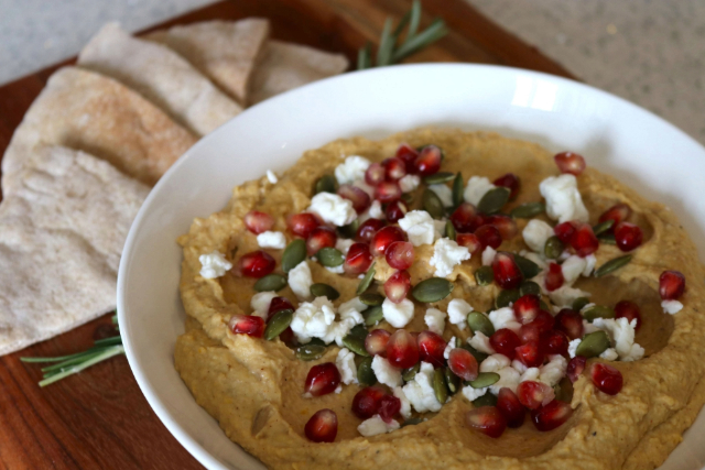 Photo of completed butternut squash hummus recipe.