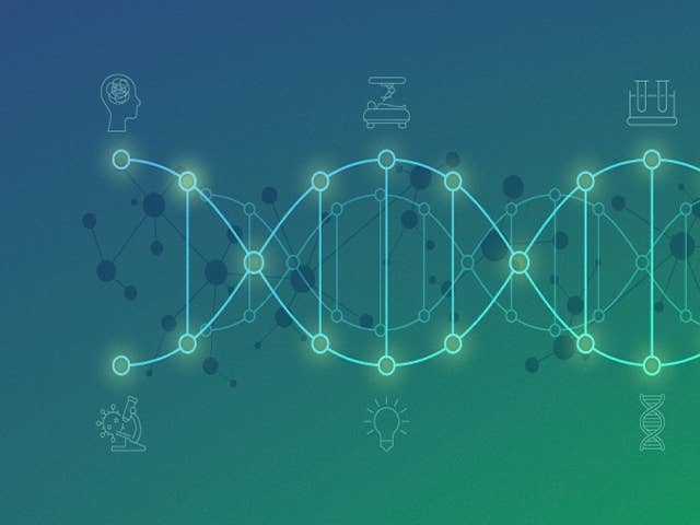 DNA molecule displayed against a blue and green background, illustrating its double helix structure.