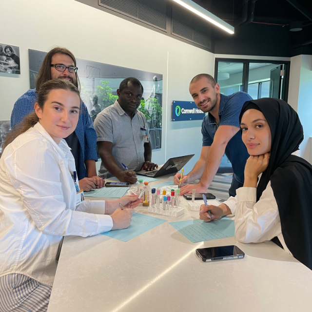 Group of students sitting around a table working on something