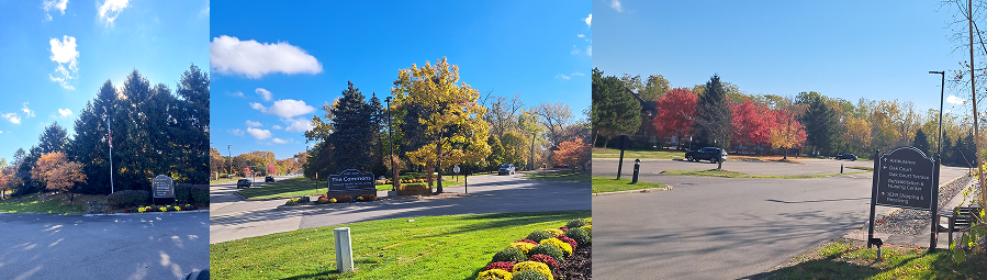 Three outdoor directional and entrance signs for The Commons Corewell Health Senior Living in Dearborn, shown along internal roads and landscaped areas with green grass, colorful flowers, and autumn trees under a clear blue sky.