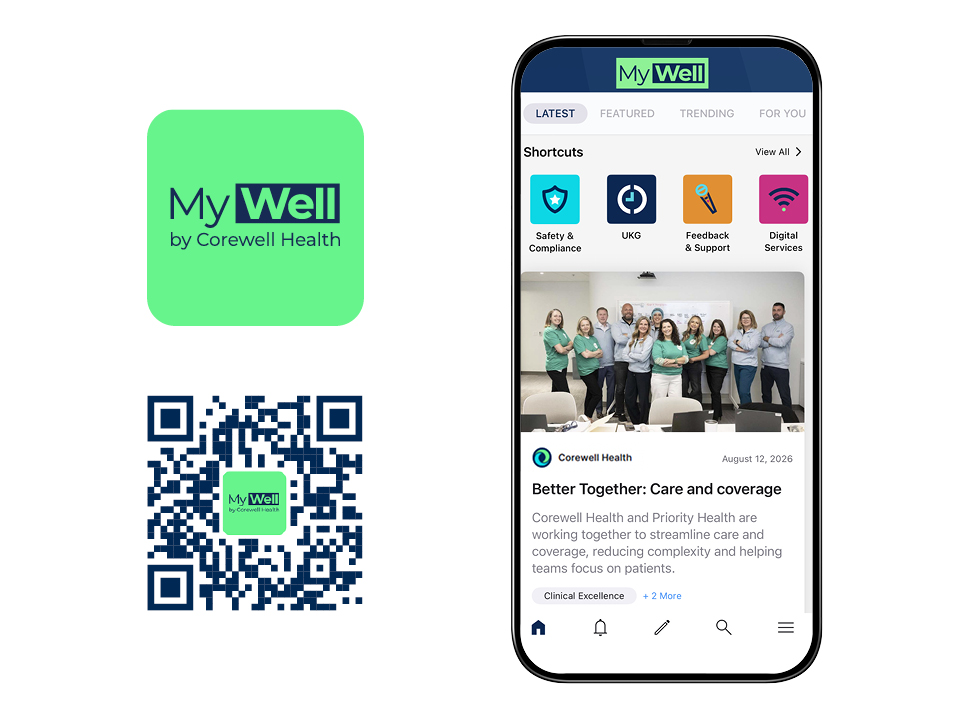 Smartphone displaying the MyWell app with employee resources, news feed and QR code for mobile access.