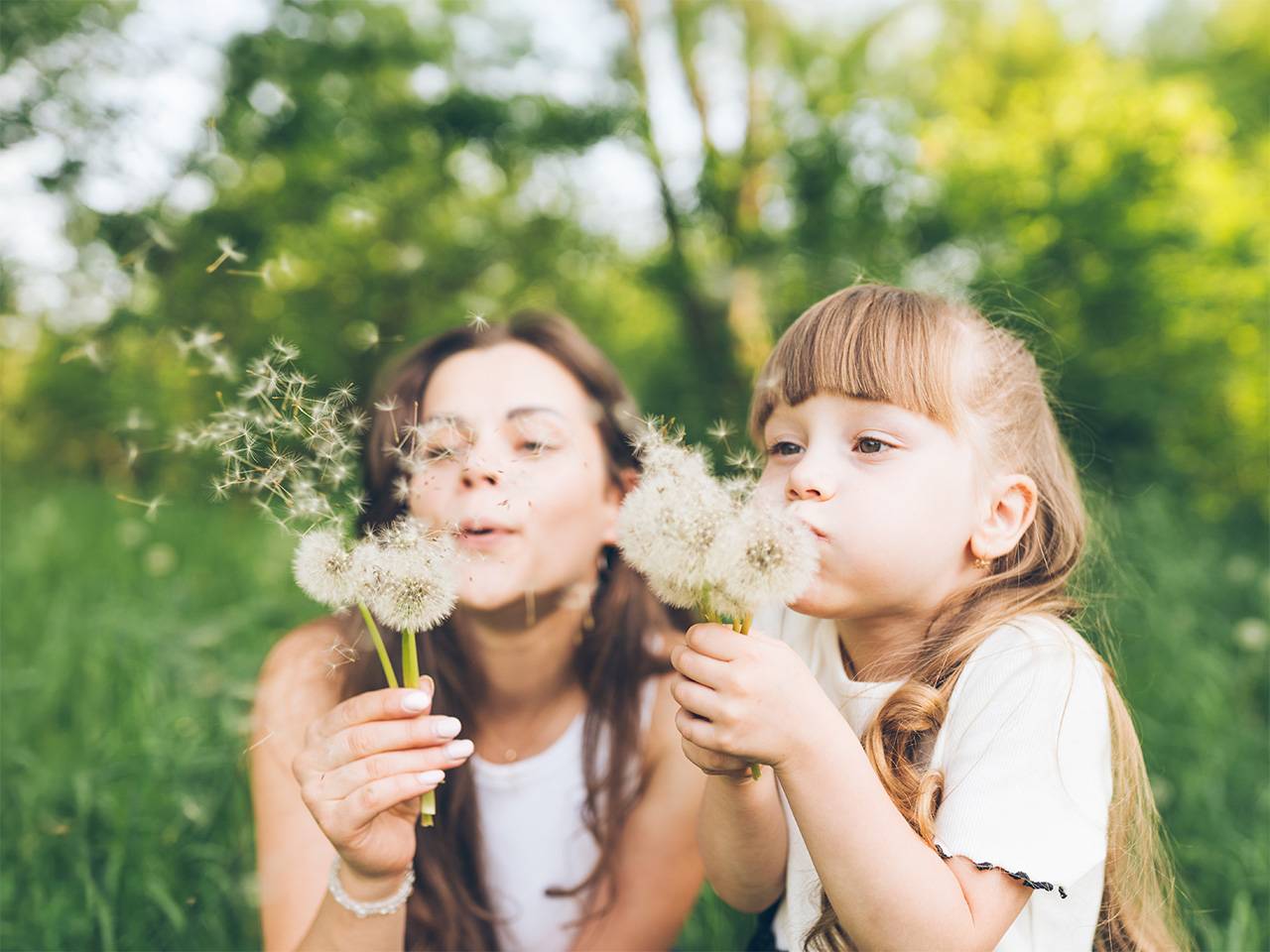 Young blonde haired girl and her mom hold dried dandelions up near their faces and blow the seeds off