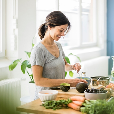 Woman participates in interactive meal planning demonstration