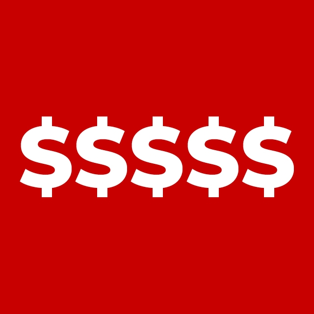 red graphic with 5 dollar signs