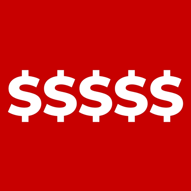 red graphic with 5 dollar signs