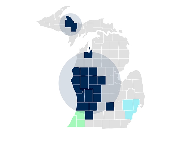 Map of Michigan highlighting West portion of the state