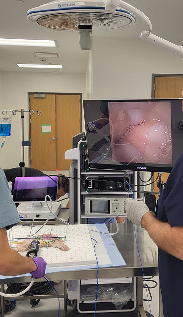 Two individuals in a bio-skills lab with a monitor and computer, featuring dissection stations and advanced A/V equipment.