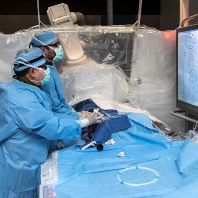 Staff members in the operating room operating while looking at a screen