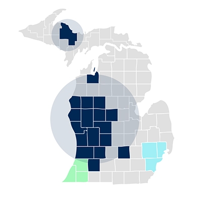 Map of Michigan highlighting West portion of the state