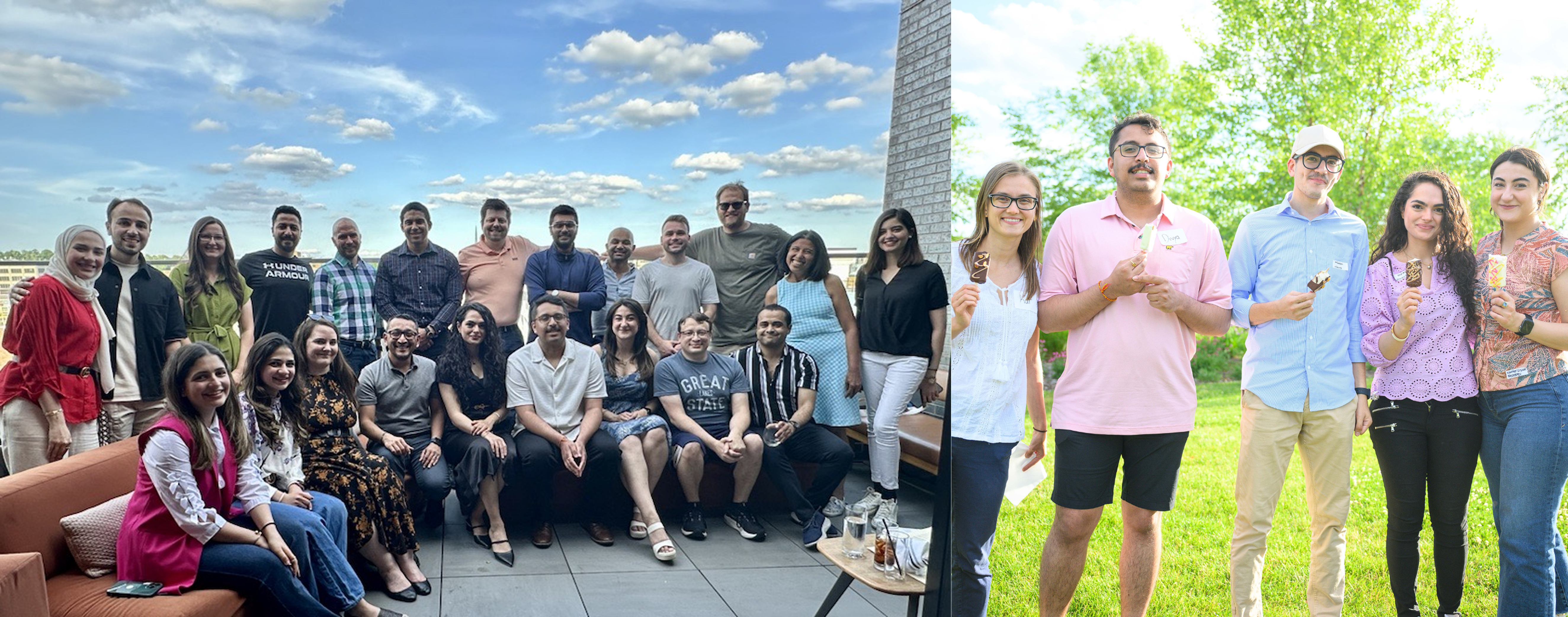 Two groups of Corewell Health – Grand Rapids/Michigan State University Neurology residents enjoying food-focused social gatherings. One group poses on a rooftop with a scenic sky backdrop, while the other stands on grass holding ice cream cones—reflecting the program’s commitment to supporting local restaurants and small businesses during events.