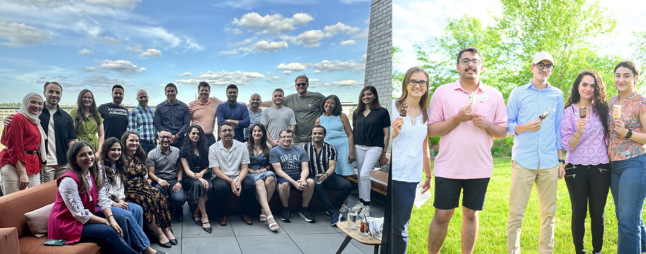 Two groups of Corewell Health – Grand Rapids/Michigan State University Neurology residents enjoying food-focused social gatherings. One group poses on a rooftop with a scenic sky backdrop, while the other stands on grass holding ice cream cones—reflecting the program’s commitment to supporting local restaurants and small businesses during events.
