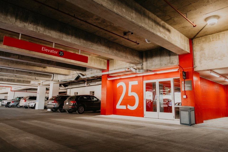 Red elevator bank in the 25 Michigan Street parking garage