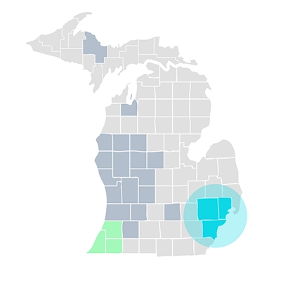 Map of Michigan highlighting Southeast portion of the state