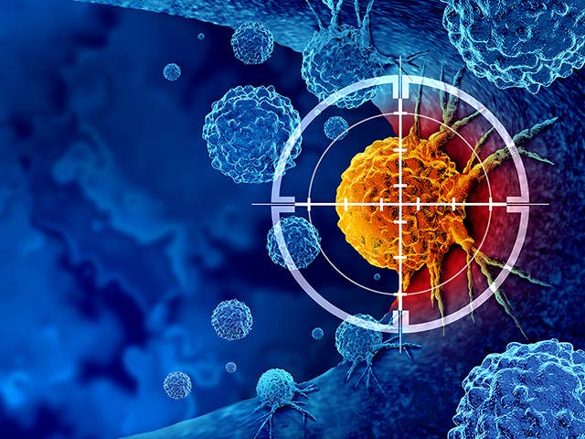 Illustration depicting cancer treatment focused through crosshairs, representing targeted therapy approaches.