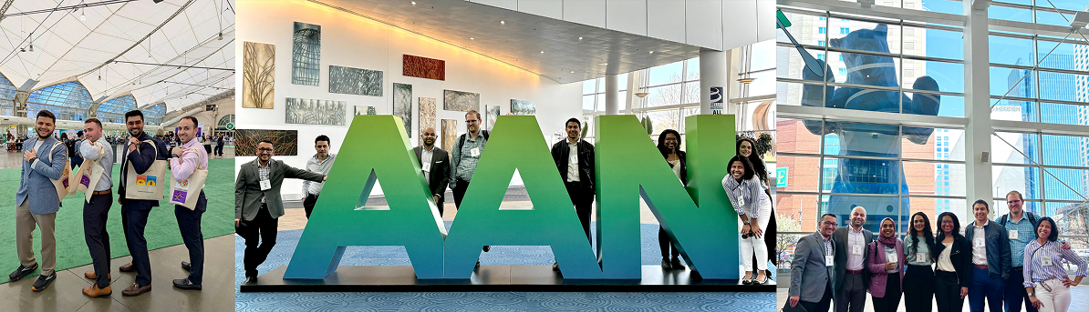 Collage of Corewell Health – Grand Rapids/Michigan State University Neurology Residency events. Includes an outdoor summer welcome picnic under a tent, residents posing at a conference with "AAN" signage, and a group photo near large windows with a blue bear sculpture outside—highlighting seasonal gatherings, mentorship, wellness sessions, and conference participation.