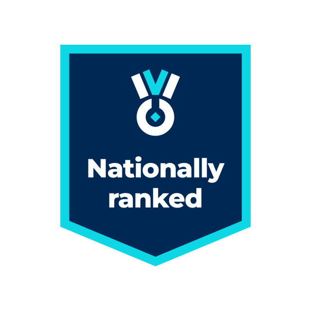 "Nationally ranked" award badge featuring a navy blue shield with an icon of an award medal