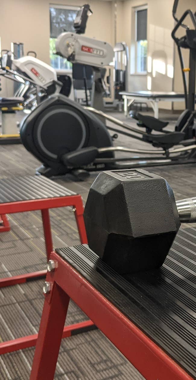 A well-equipped gym space showcasing exercise equipment and a bench for fitness routines and training sessions.