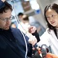 Two individuals collaborating on a robot in a laboratory setting, showcasing innovation and teamwork in technology.