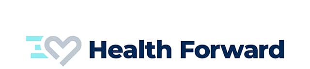 Health Forward logo featuring a heart-shaped icon with motion lines and brand name on a light background.