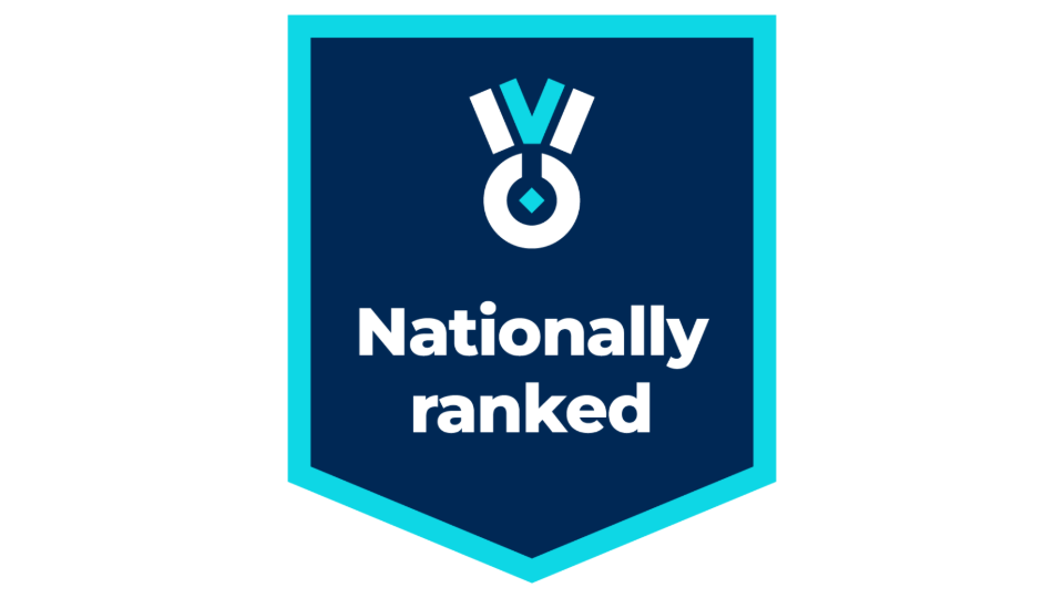 "Nationally ranked" award badge, a navy blue shield featuring an icon of a medal in the center