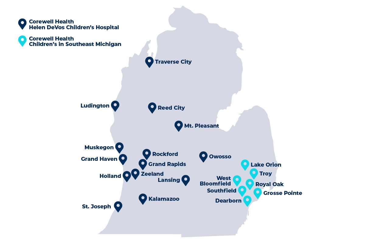 Map of Michigan's lower peninsula with pin placements of Corewell Health Children's locations