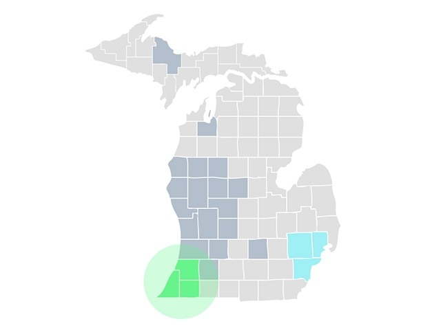 Map of Michigan highlighting Southwest portion of the state