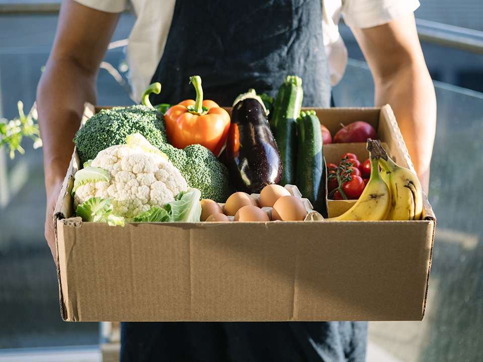 A man holds a box filled with a variety of fresh vegetables and fruits.