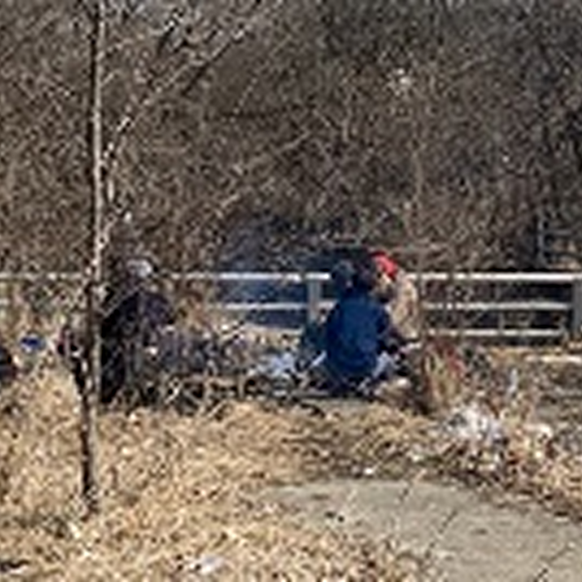 A diverse group of individuals seated by a roadside, engaged in conversation near a fence, highlighting community connection.