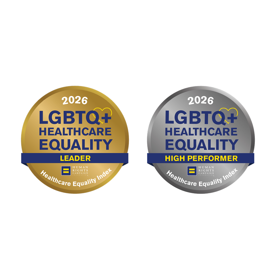 Badges for LGBTQIA+ health care equity leader and high performer recognitions