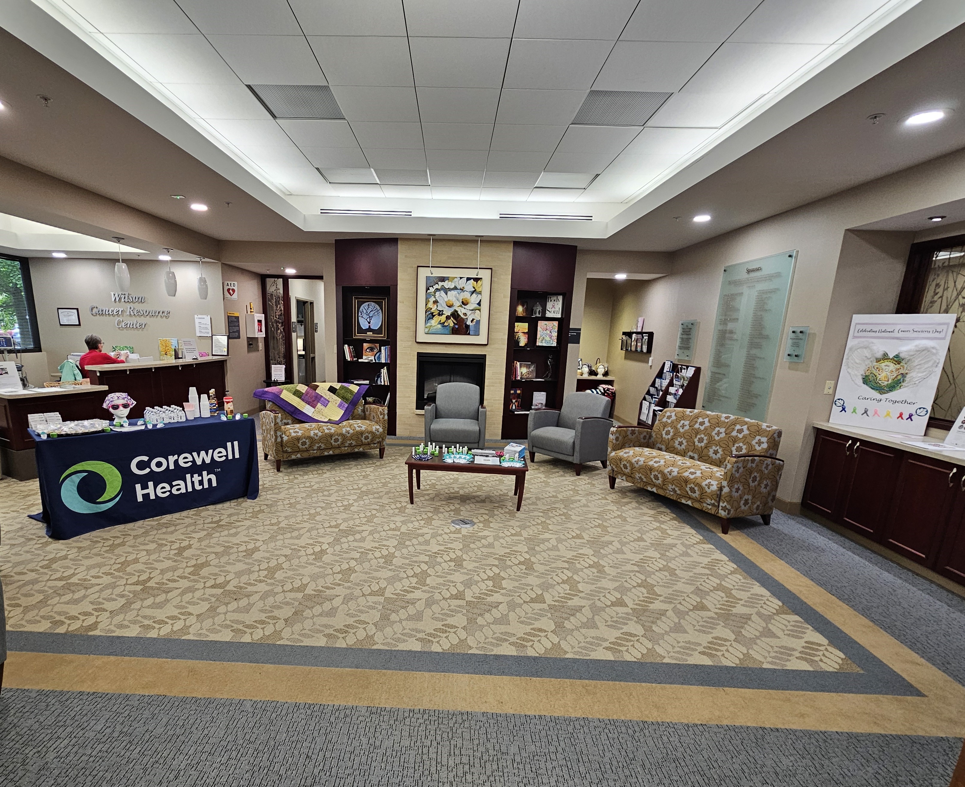 Lobby of Corewell Health Beaumont Troy Hospital Cancer Resource Center featuring couches and tables for visitors.