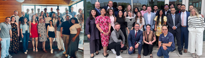Collage of residents, faculty, and staff gathered for group photos at indoor and outdoor networking events.