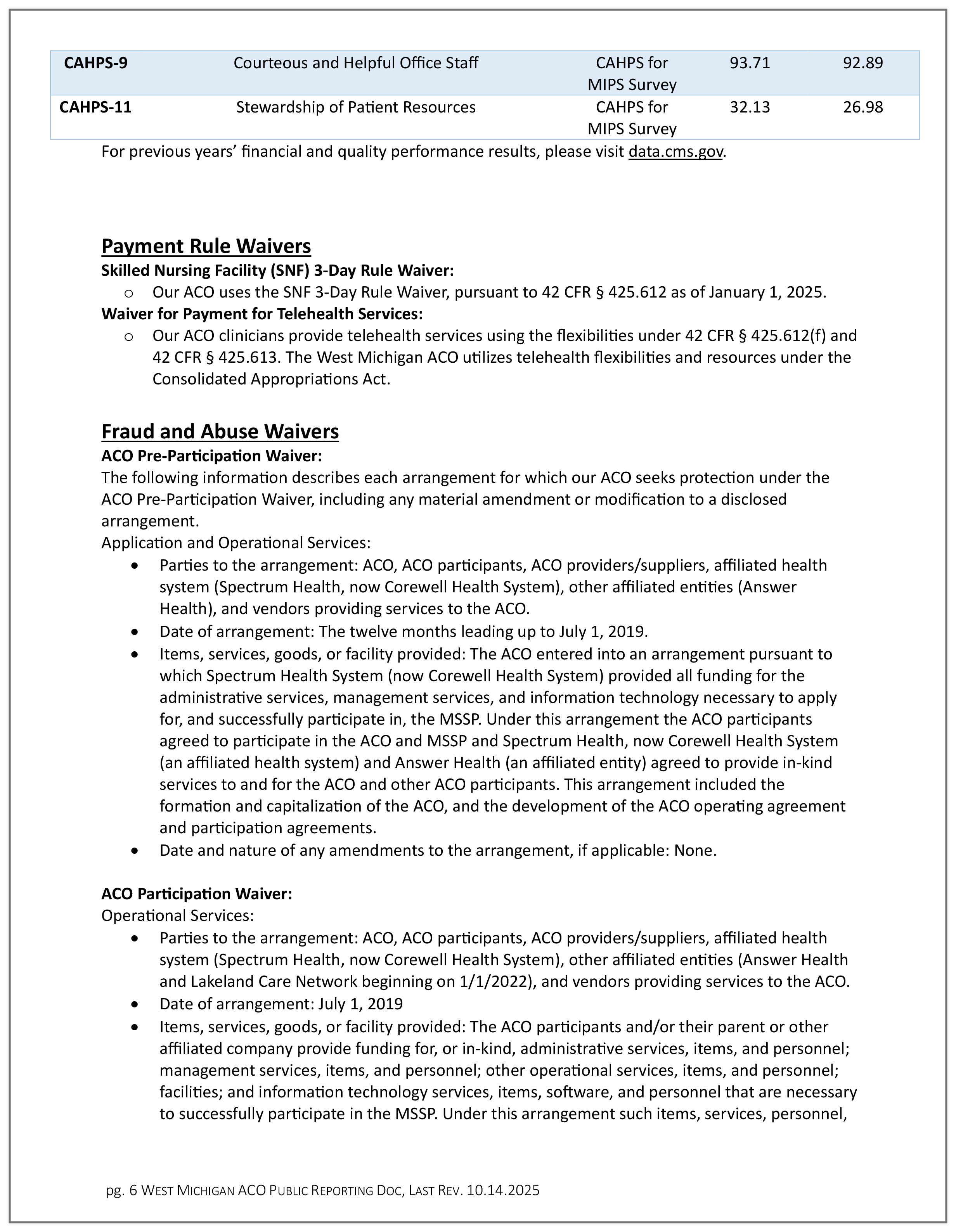 West Michigan ACO Public Reporting page 6.
