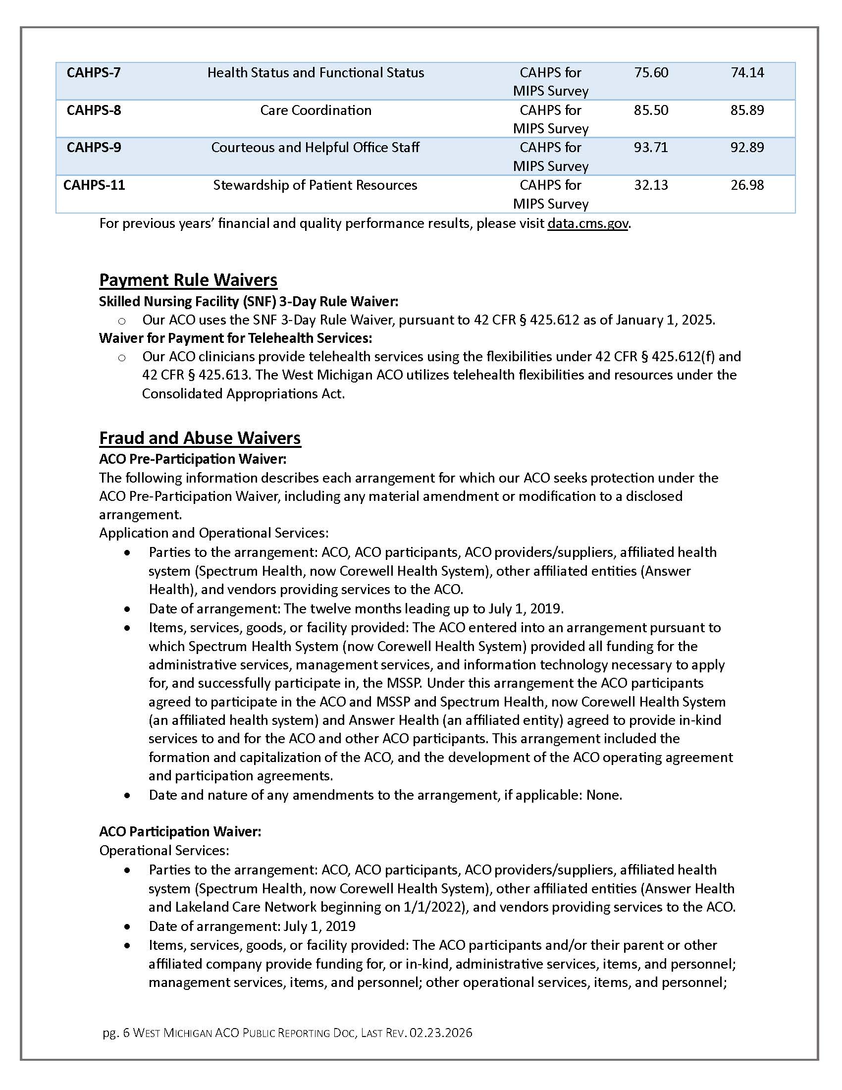 West Michigan ACO Public Reporting page 6.