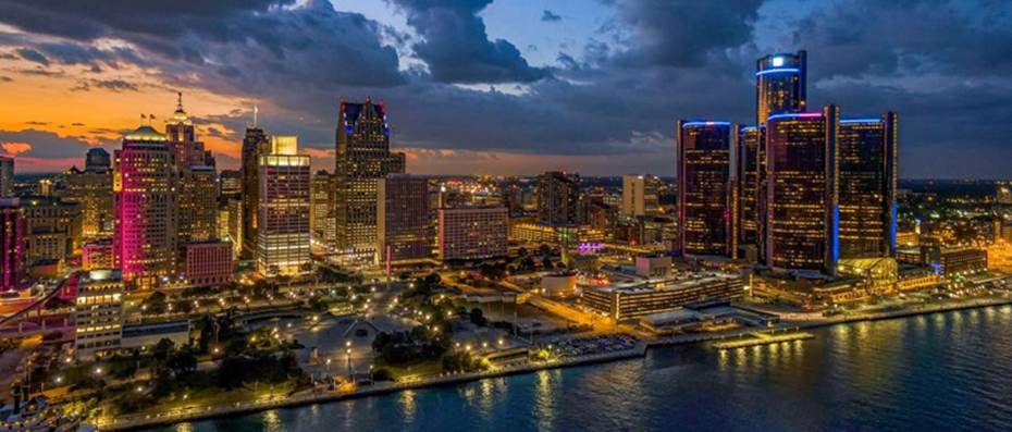 Downtown Detroit at night by the river