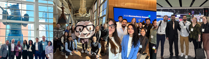Collage of group activities including museum visits, a neuroscience conference, and group photos at event venues.