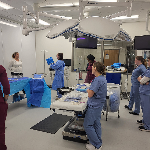 A group of people in a hospital room during scrub tech orientation, surrounded by medical training equipment and simulators.