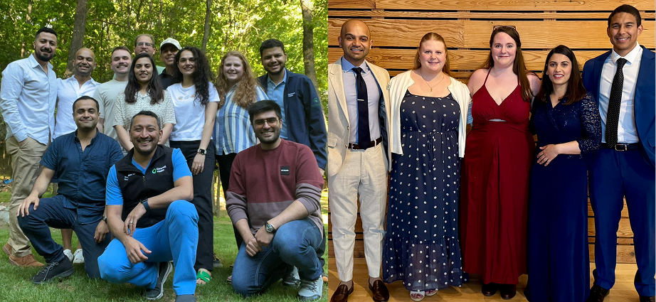 roup photo of Corewell Health – Grand Rapids/Michigan State University Neurology residents. Left side shows casually dressed residents outdoors in a wooded area; right side shows formally dressed residents indoors against a wooden wall, highlighting the program’s commitment to wellness and camaraderie.