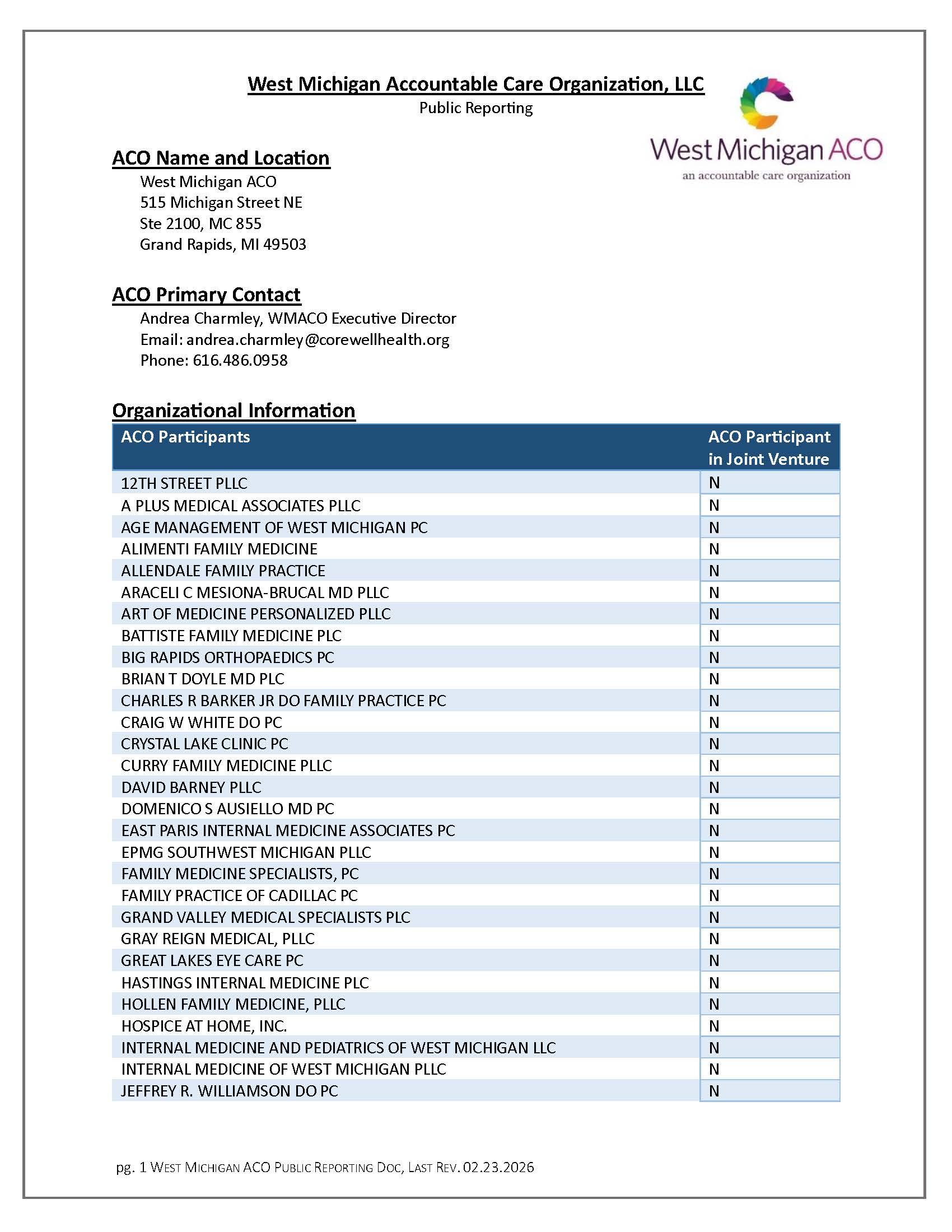 West Michigan ACO Public Reporting page 1.